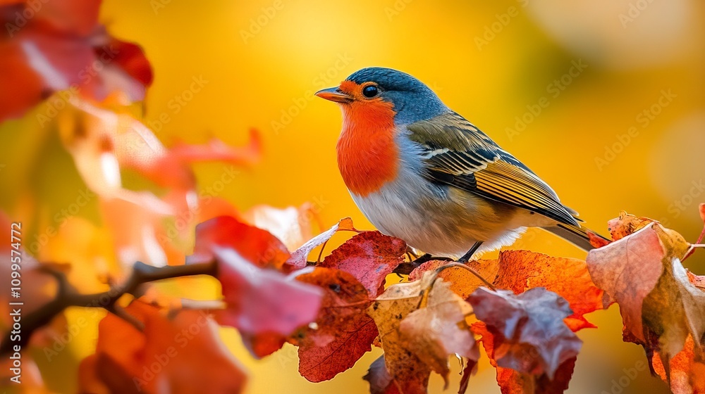 Fototapeta premium Colorful Bird Perched on Autumn Leaves 