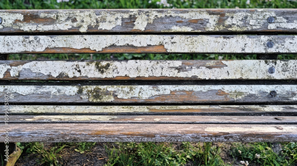 A close-up of an old, worn-out public bench with missing planks and faded paint in a neglected park, Representing the decline in public amenities and community spaces
