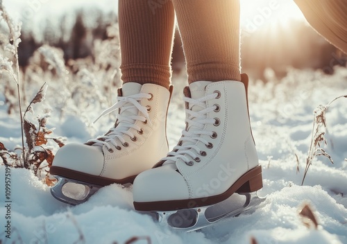 Young couple preparing to a skating. Close-up photo of their hands tying shoelaces of ice hockey skates in a locker room photo