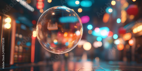 Futuristic AI Sphere Robot with Neon Lights in Modern Mall photo