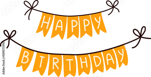 Happy Birthday flag garland colorful paper and decorated with ribbons and bows. Flat cartoon illustration.