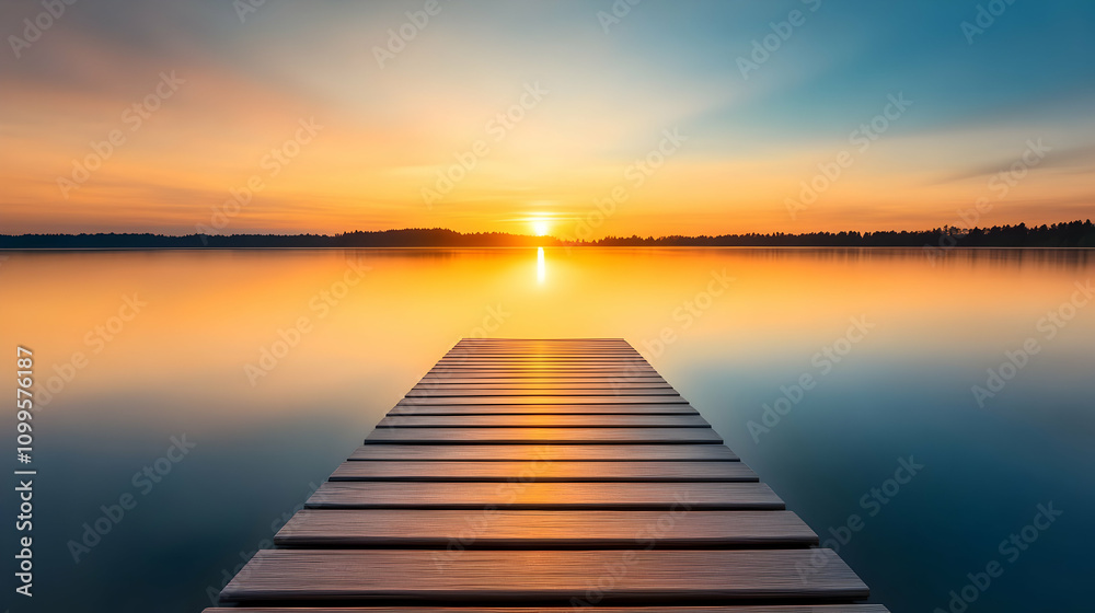 Obraz premium Wooden dock on serene lake at sunrise or sunset