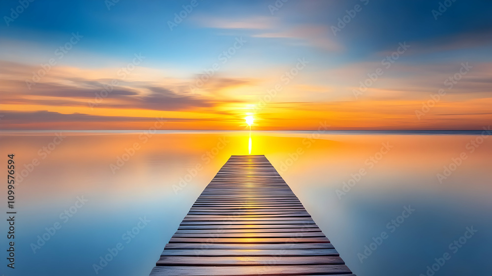 Obraz premium Wooden pier at serene sunrise over calm water