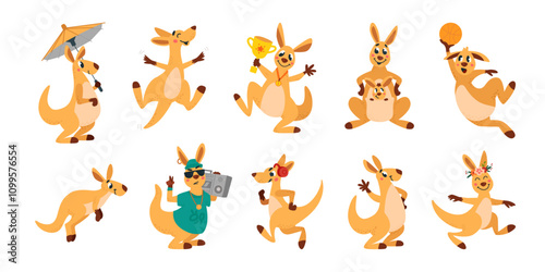 Cute cartoon kangaroo. Happy kangaroo characters, australian marsupial animals jumping running listen music. Wildlife funny classy vector clipart
