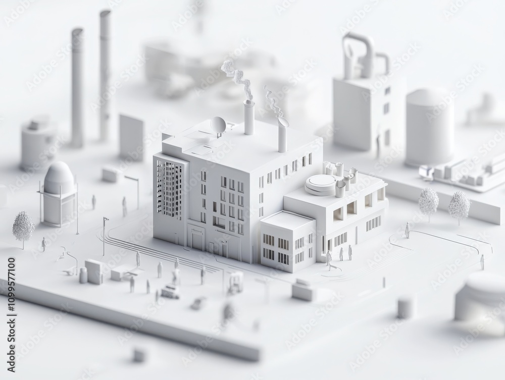 Naklejka premium Industrial facility emitting smoke in a minimalist cityscape urban manufacturing 3d model monochrome aerial perspective environmental impact awareness