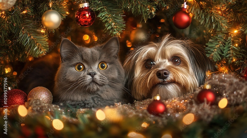 Obraz premium Playful dog and cat enjoying the festive spirit in a Christmas tree, whimsical holiday scene with a curious feline companion
