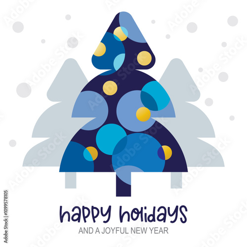Happy holidays and a joyful new year - geeting Card with Christmas tree - blue and golden