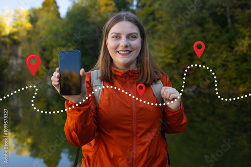 Woman using her smartphone for hiking, navigating with a map app amidst nature's adventure. Girl tourist walking in forest and using smartphone gps . High quality photo