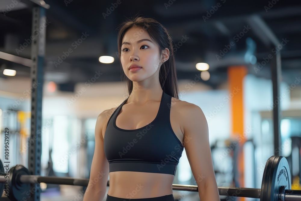 Fototapeta premium Asian woman performing deadlifts in a vibrant gym, wearing sleek athletic wear, radiating strength and focus