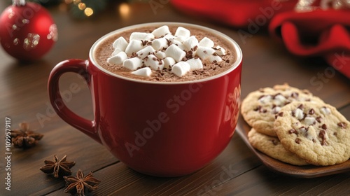 Red Mug Of Hot Chocolate With Marshmallows And Cookies photo