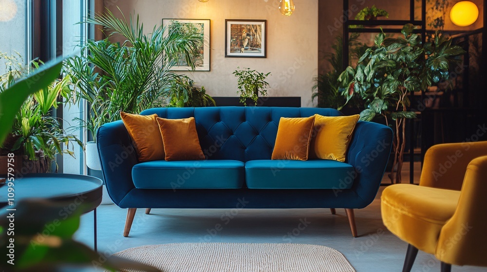 Obraz premium Modern living room interior design with blue sofa and green plants