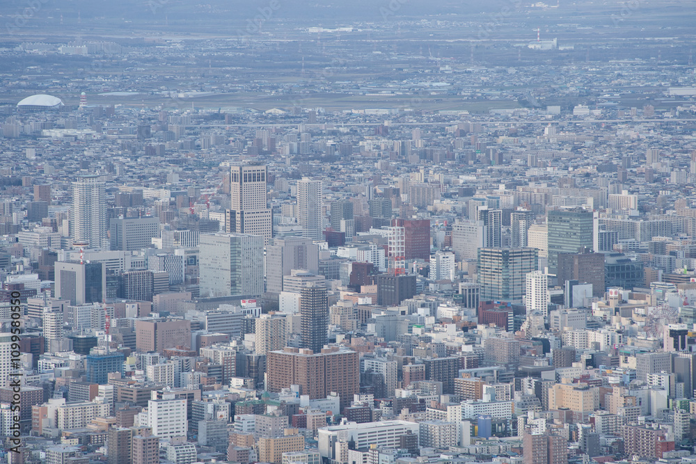 Obraz premium 札幌藻岩山山頂展望台からみた札幌のビル群の街並み