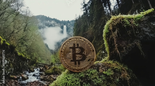 Golden Bitcoin coin on a natural landscape, symbolizing the transition to greener cryptocurrency mining powered by renewable energy, paving the way for a more sustainable financial future photo