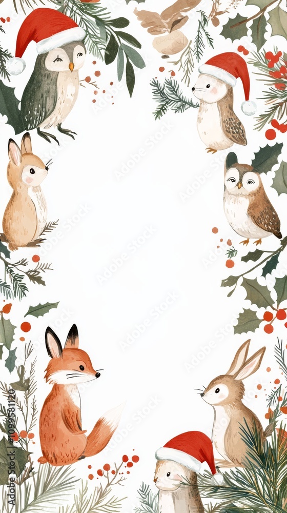 Naklejka premium blank mockup template with hand-drawn festive animals (foxes, rabbits, and owls) wearing Santa hats around the edges, leaving space in the middle for holiday greetings, celebrating Christmas, 