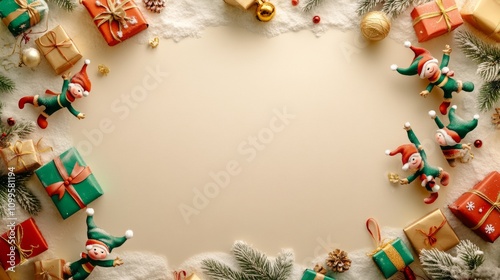 blank mockup template with a border of whimsical hand-drawn elves carrying presents, with snowy textures and blank space in the middle for a festive greeting, celebrating Christmas, 