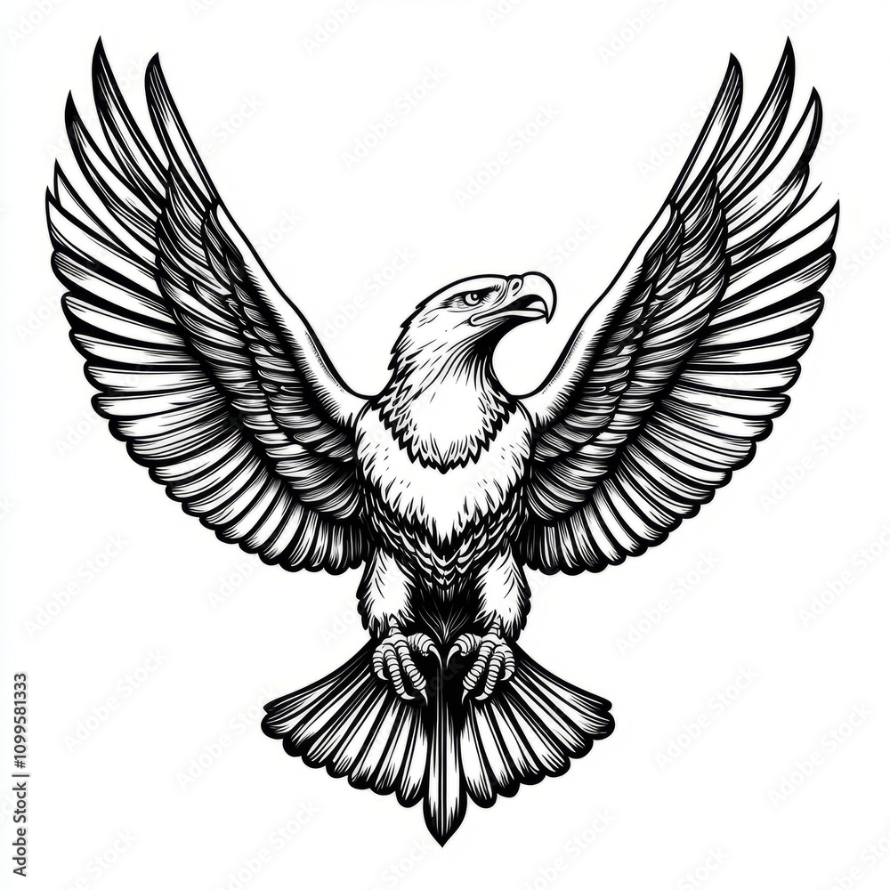 Fototapeta premium black and white and red tattoo sketch with an eagle flapping its wings on a white background