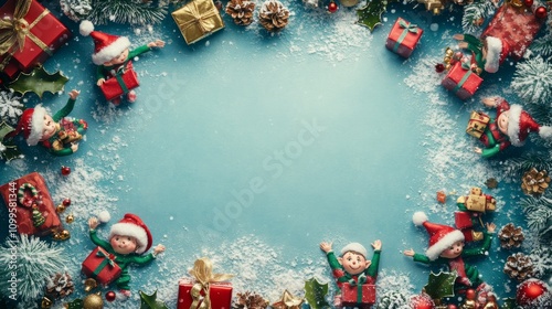 blank mockup template with a border of whimsical hand-drawn elves carrying presents, with snowy textures and blank space in the middle for a festive greeting, celebrating Christmas, 