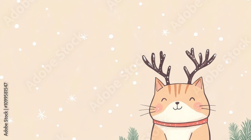 blank mockup template with a cute hand-drawn cat wearing reindeer antlers at the bottom corner, leaving a blank space for text, celebrating Christmas,