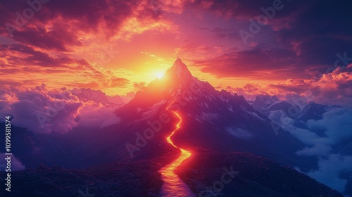 Light trail leading to the mountain peak, symbolizing the path to success, achievements, and the journey to reach one's aspirations under a dramatic sky at sunset photo