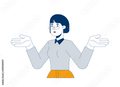 Unsure business casual asian woman shrugging shoulders 2D cartoon character. Korean female professional questioning doubting isolated person flat vector on white background. Spot illustration colorful