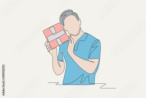 Colored men love receiving gift boxes. Gift box concept one-line drawing