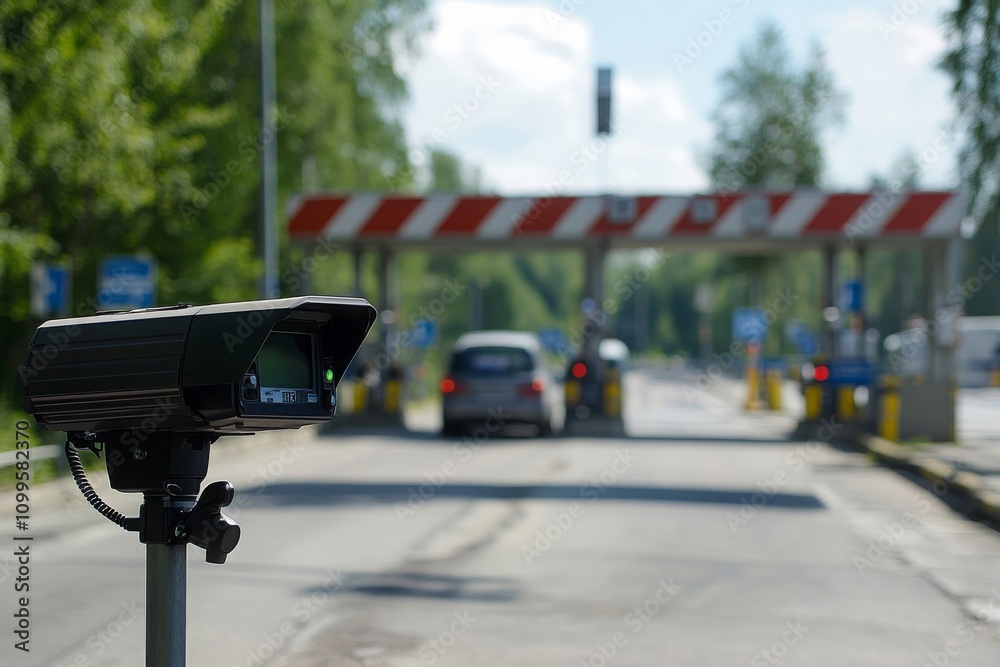 Obraz premium Comprehensive View of a Vehicle Surveillance Camera at Toll Booth with Clear Sky and Lush Greenery in Background, Capturing Modern Traffic Monitoring Technology