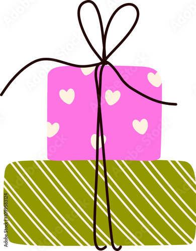 Gift boxes with bow string. Birthday present in festive paper wrapping. Holiday surprise in simple doodle style. Giftboxes icon. Flat graphic vector illustration isolated on white background