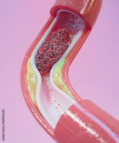 Atherosclerosis and blood clot in human blood vessel, illustration photo