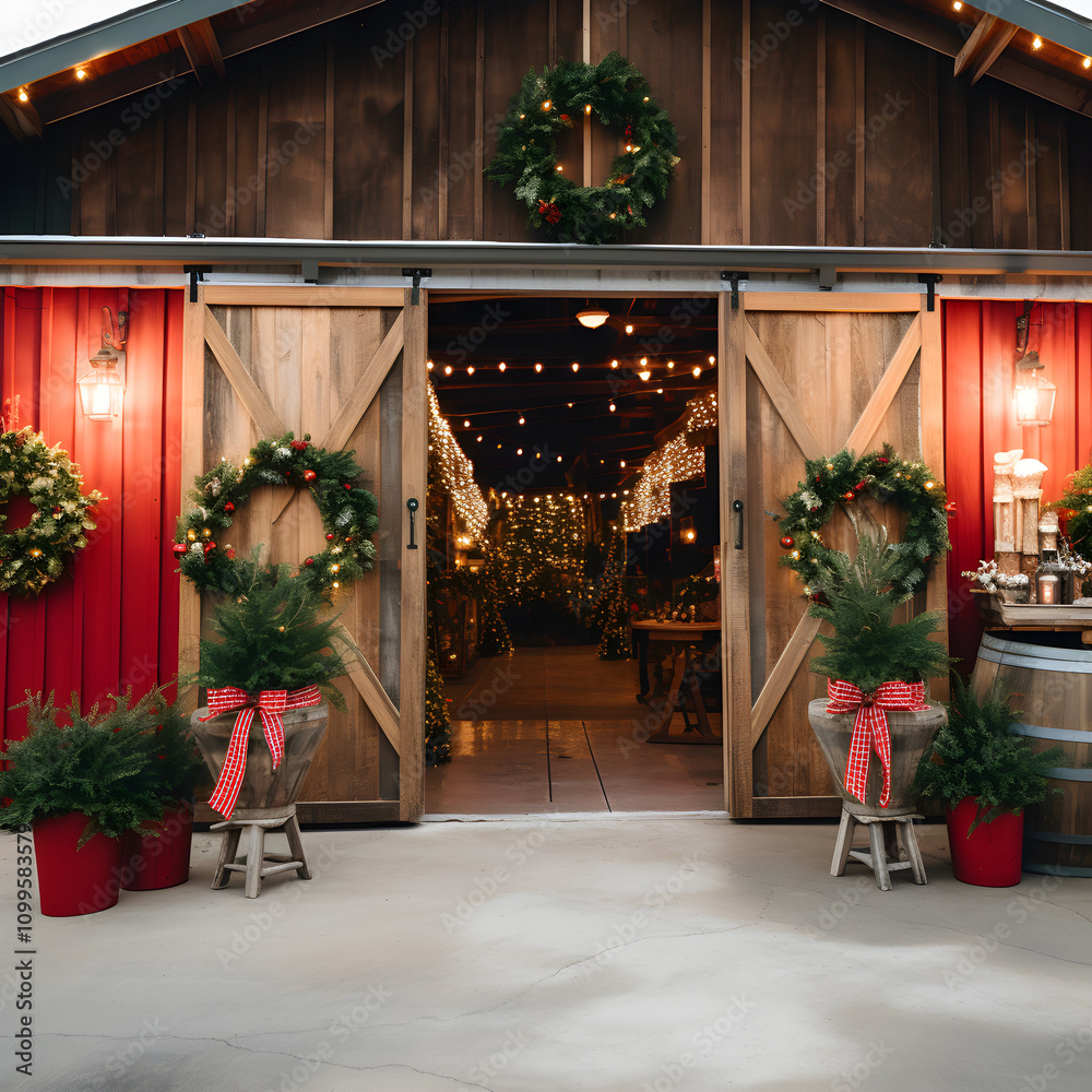 Fototapeta premium Rustic Barn Decorated with Evergreen Wreaths and Twinkling Lights
