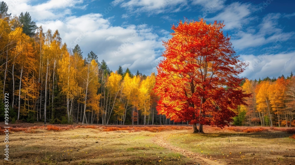 Fototapeta premium Vibrant autumn landscape featuring a solitary red tree in a colorful forest under a clear blue sky