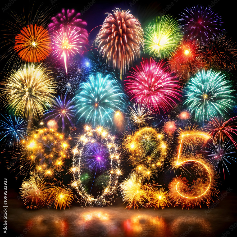 Fototapeta premium Fireworks explode in the night sky, forming numbers that countdown to a special event,