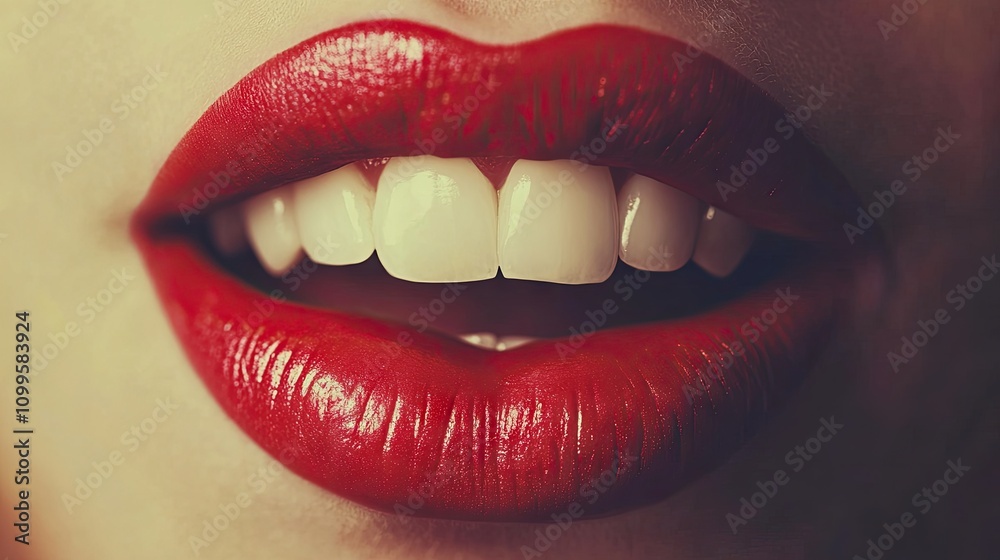 Obraz premium Close-up of Glossy Red Lips with Bright White Teeth on Display