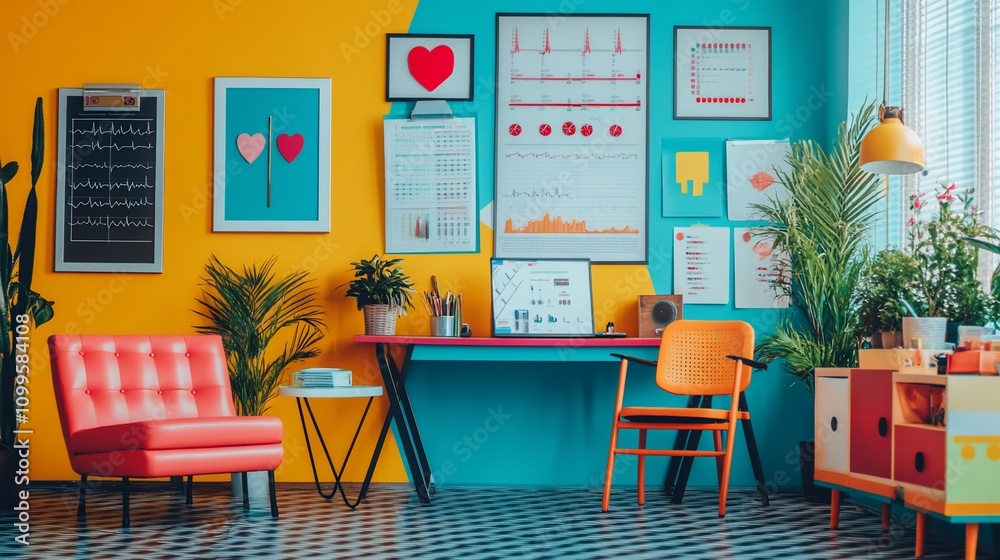 Obraz premium Vibrant home office with colorful decor, plants, and mid-century modern furniture.
