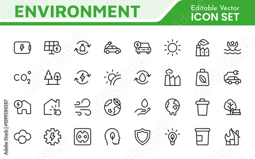 Environment Icon Set. A vibrant collection of icons promoting sustainability and eco-friendliness, environmental awareness and conservation efforts.