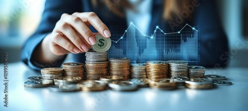 Businesswoman hand with virtual increasing graph with money coins stacking, Business investment profit and deposit dividend saving growth concept