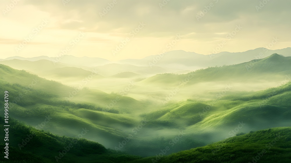 Fototapeta premium Serene Green Mountains Enveloped In Morning Mist