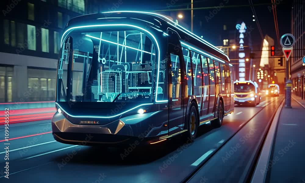 Futuristic Electric Bus Gliding Through Neon City Streets at Night with ...