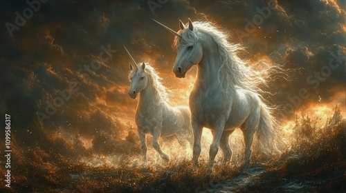 Majestic unicorn standing in fairytale landscape, Generative AI illustration photo