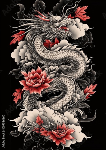 black and white and red tattoo sketch with a typical Chinese dragon image