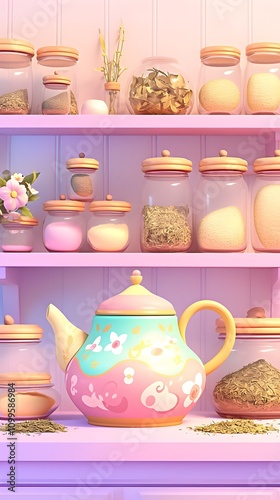 Whimsical Herbal Tea Showcase with Adorable Cartoon Style Teapot and Dried Botanicals