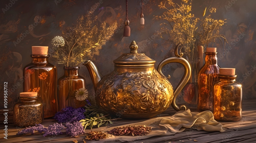 Mystical Herbal Tea Ritual with Ornate Brass Teapot and Dried Botanicals in Amber Glass Bottles