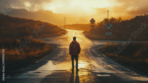 Man arriving at road junction is faced with the decision of taking the right path forward photo