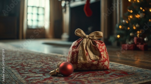 A Christmas gift bag sits on a rug near a tree