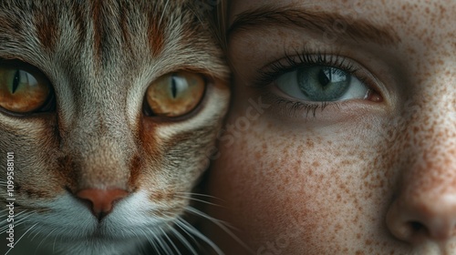 Portrait face mix between woman and cat photo