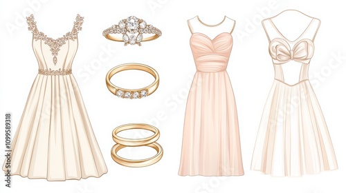 Wedding rings and dresses. A vector illustration.  photo