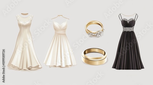 Wedding rings and dresses. A vector illustration.  photo