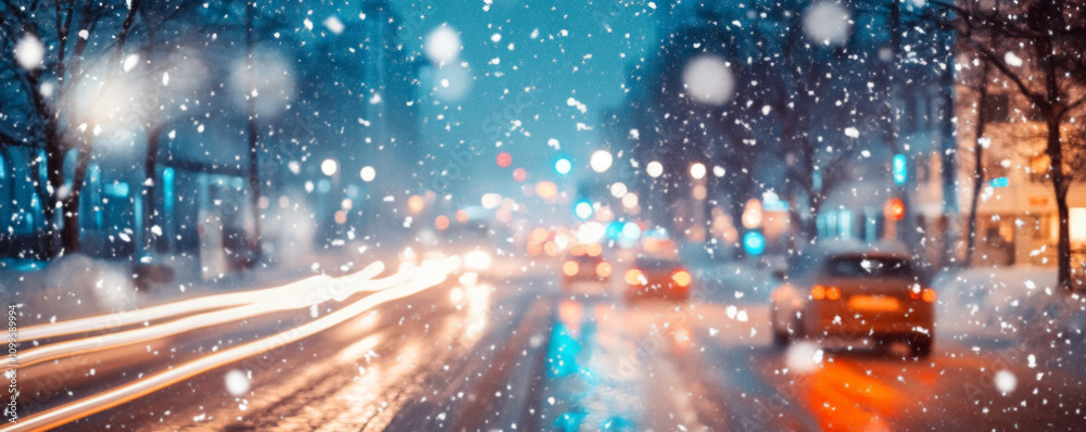 Obraz premium Snow-covered city street with cars driving at night banner