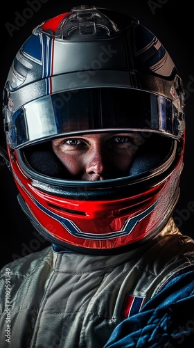 Close-up portrait of a focused race car driver, featuring a striking red helmet and intense expression, conveying speed and determination. photo