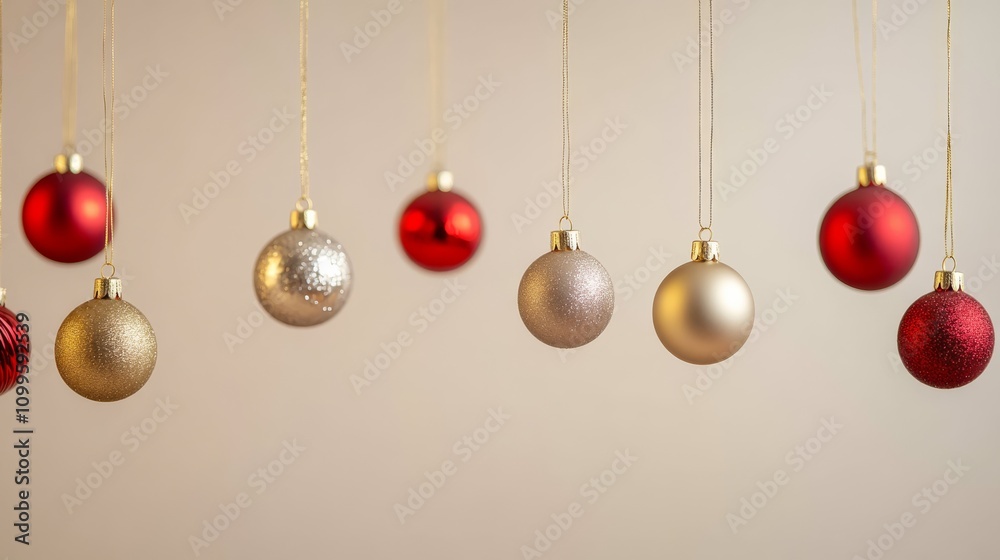 blank mockup template with a border of Christmas ornaments hanging from strings in red, gold, and silver hues, leaving the center open for custom text, celebrating Christmas, blank mockup template with a border of Christmas ornaments hanging from strings in red, gold, and silver hues, leaving the center open for custom text, celebrating Christmas,