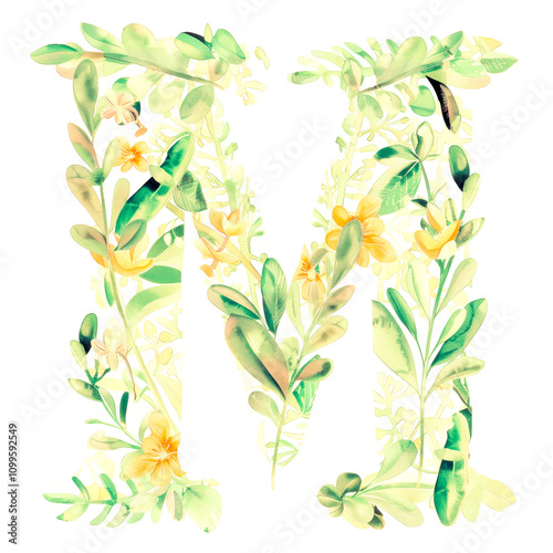 Watercolor Alphabet Letter M with Leaves and Flowers. Summer Ornament. Exotic Floral ABC Card. Birthday, Vintage Wedding Poster Font.  Initial Monogram M Painted in Watercolour Isolated on White. photo